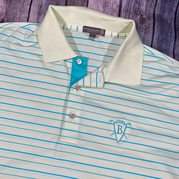 Peter Millar Summer Comfort E4 Performance Golf Polo Large Mens Yellow Stripe - Picture 1 of 9